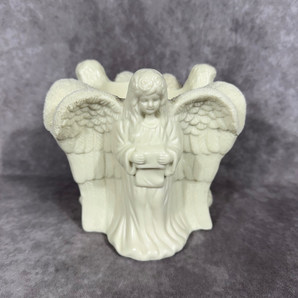 Vtg 90s Y2K Ceramic Circle of Angels Cherubs Candle Holder Votive‎ Jar White EUC